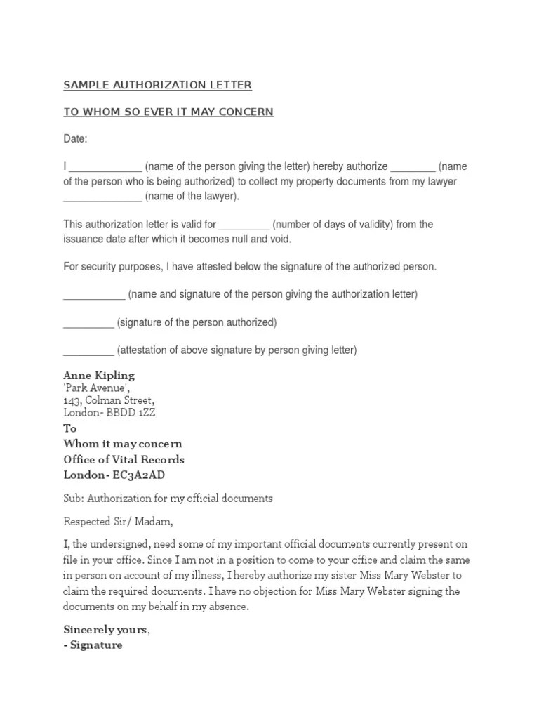 Sample Authorization Letter PDF Common Law Justice