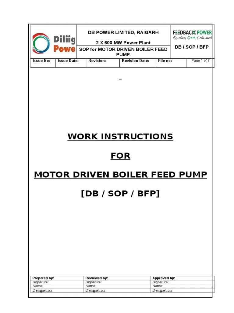 Standard Operating Procedure for Motor Driven Boiler Feed Pump Startup