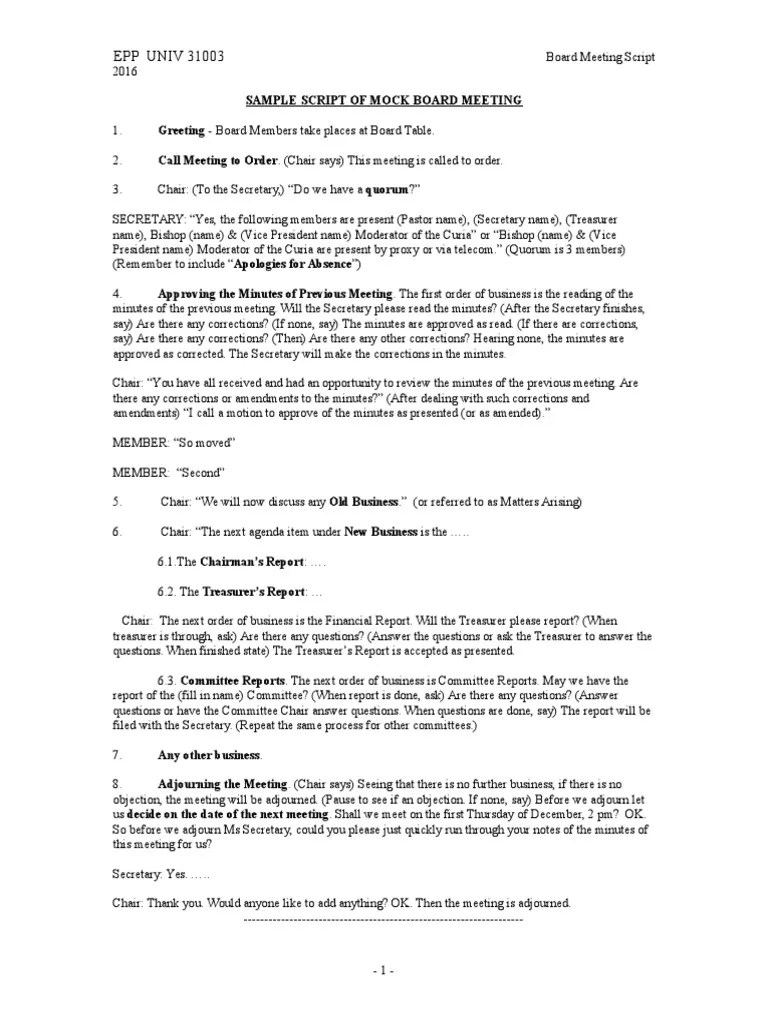 Sample Script of Board Meeting PDF Government