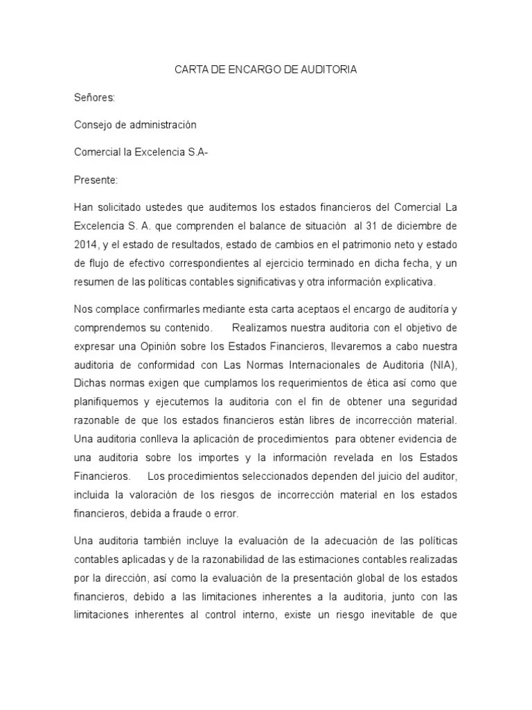 Carta de Encargo de Auditoria Estado financiero Contabilidad