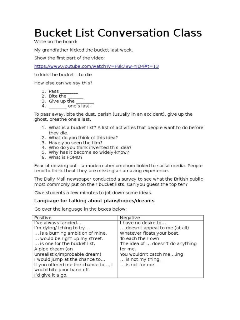 Bucket List Conversation Class1 PDF Leisure