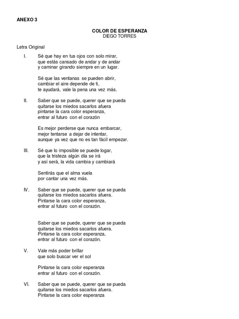 Anexo 3. Letra de La Canción Color Esperanza