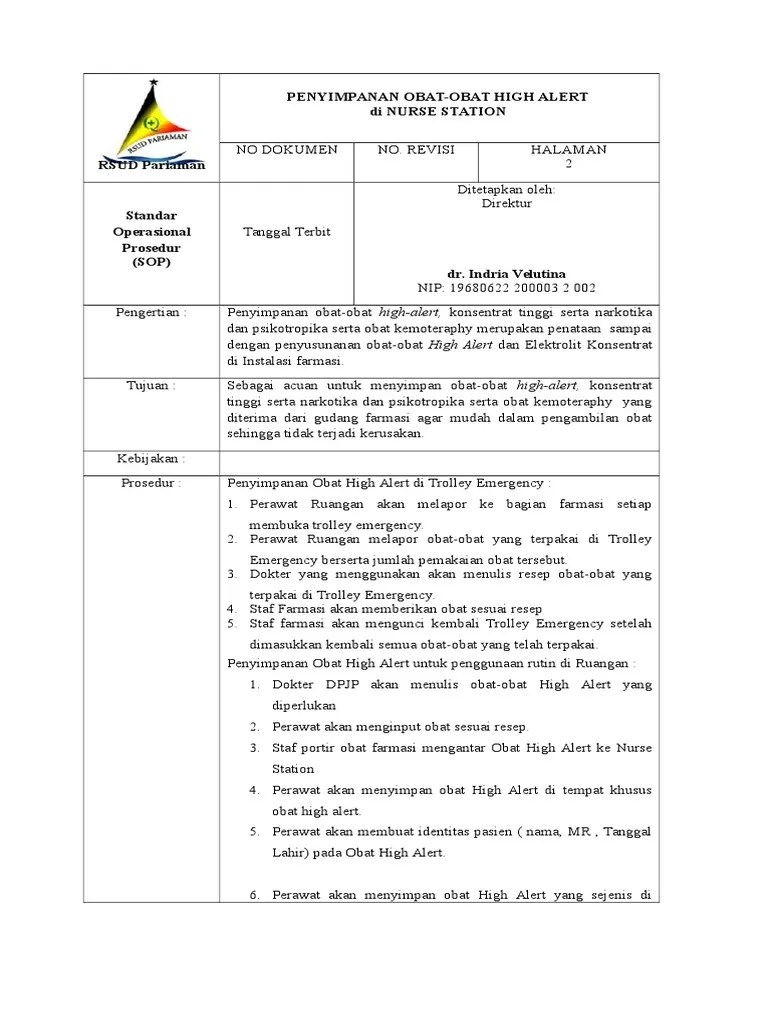 SOP Penyimpanan Obat High Alert