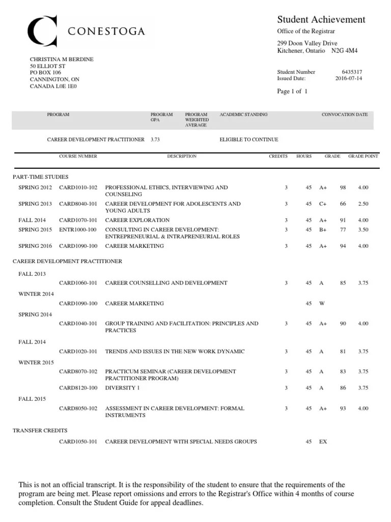 Conestoga Unofficial Transcript PDF