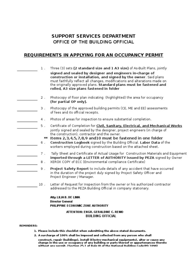Requirements For Occupancy Permit For PEZA PDF Engineering Business