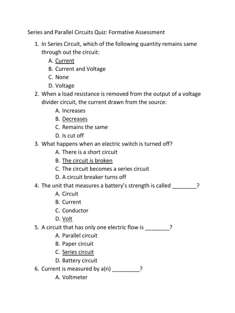 Series and Parallel Circuits Quiz PDF