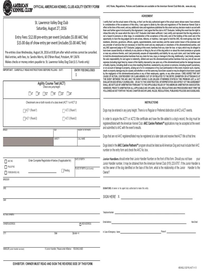 Akc Fillable Entry Form - Printable Forms Free Online