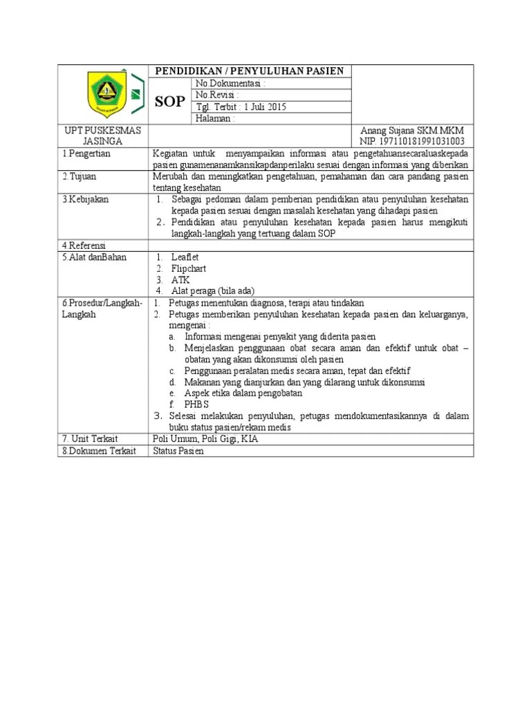 SOP Pendidikan Atau Penyuluhan Pasien | PDF