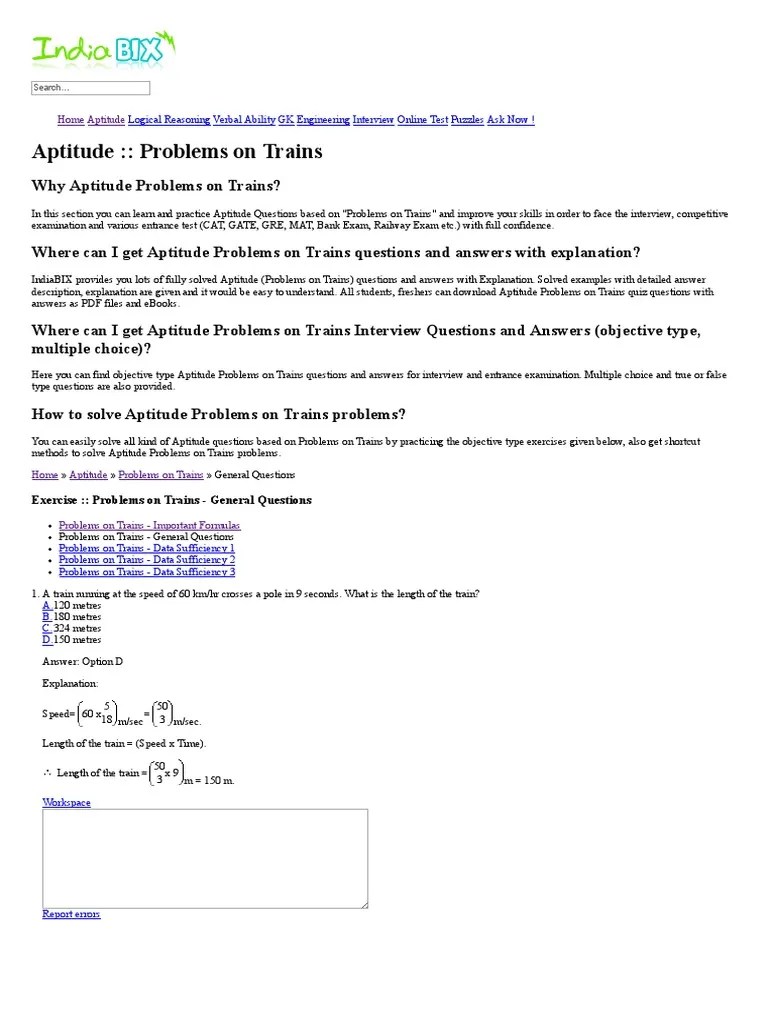Aptitude Problems on Trains Logical Reasoning Verbal Ability GK
