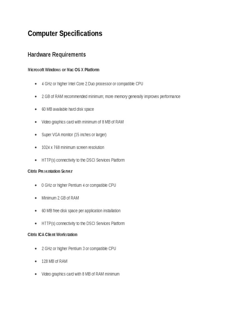 Computer Specifications Hardware Requirements PDF Microsoft