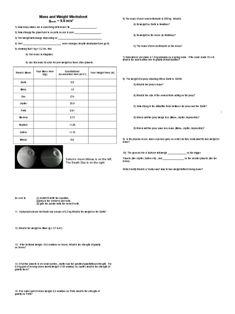 Gravity Worksheet