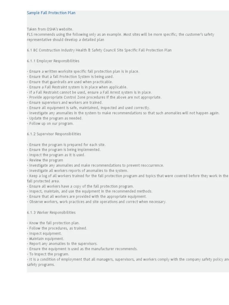 Fall Prevention Plan Occupational Safety And Health Administration Safety