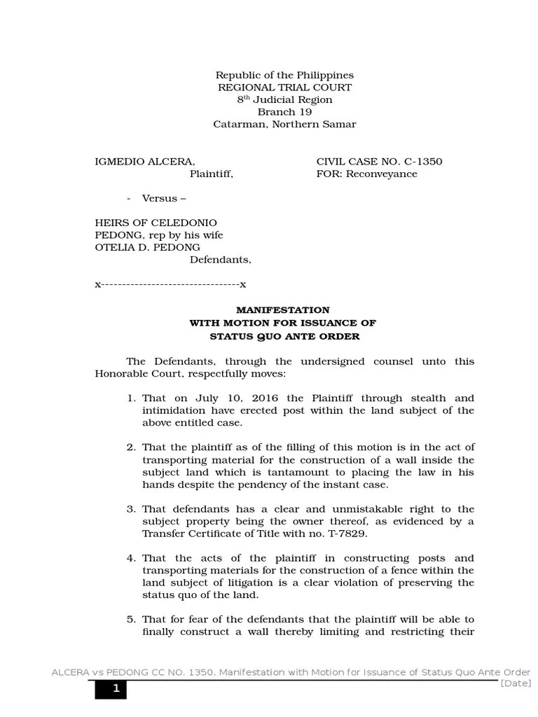 Motion for Issuance of Status Quo Ante Order Lawsuit Judiciaries