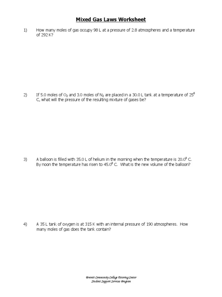 w338 Mixed Gas Laws Worksheet PDF Balloon Gases