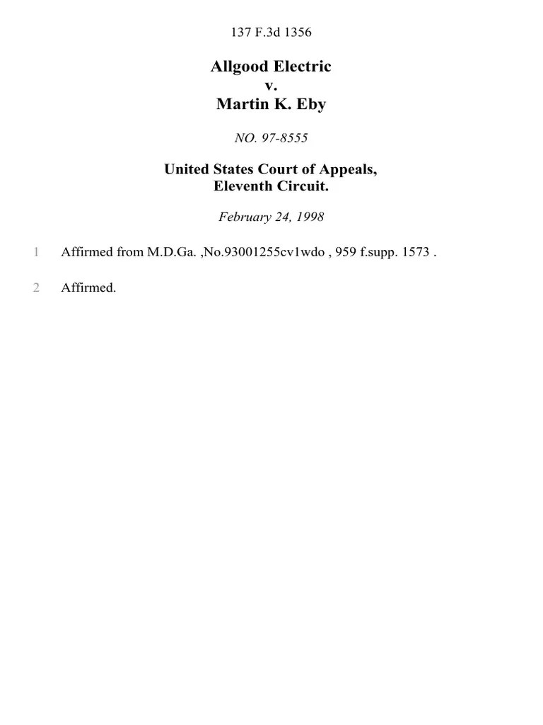 Allgood Electric v. Martin K. Eby, 137 F.3d 1356, 11th Cir. (1998) PDF