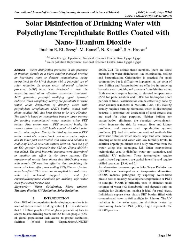 Solar Disinfection of Drinking Water With Polyethylene Terephthalate