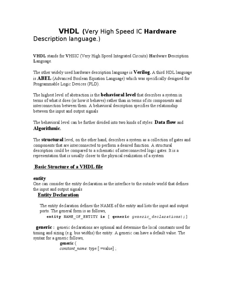 VHDL Notes PDF PDF Control Flow Hardware Description Language