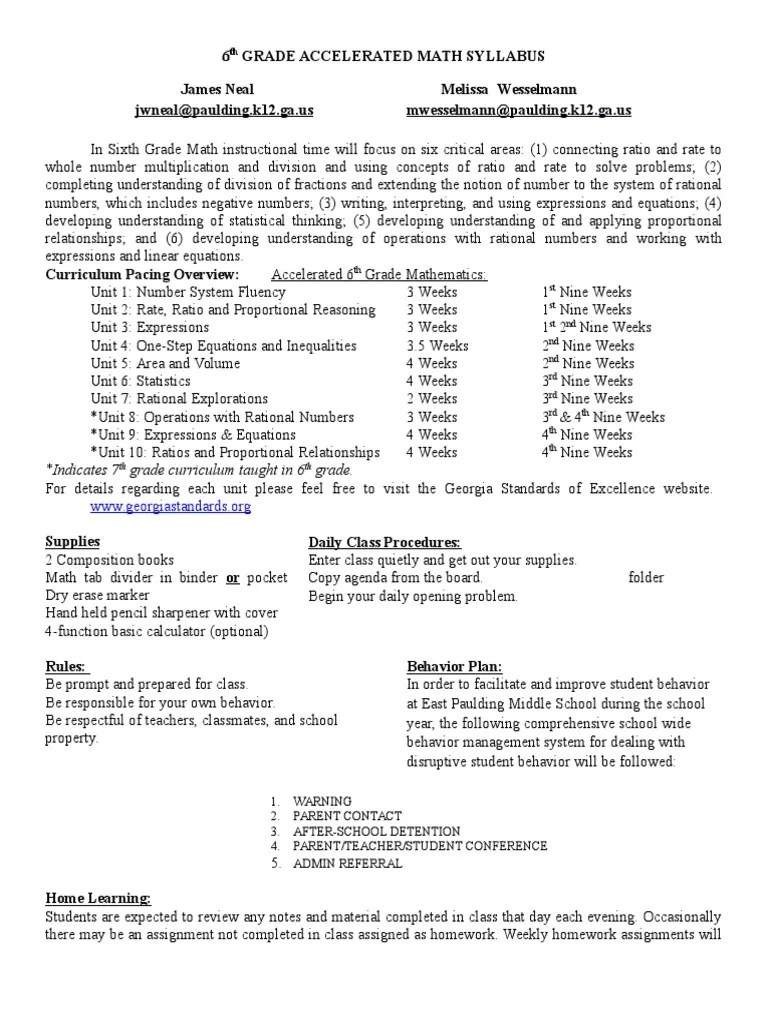 6th Grade Accelerated Math Syllabus 20162017 PDF Homework