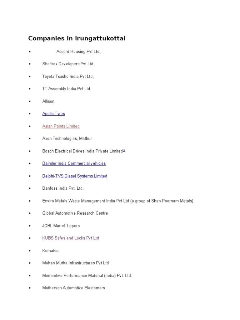 List of Companies in Oragadam