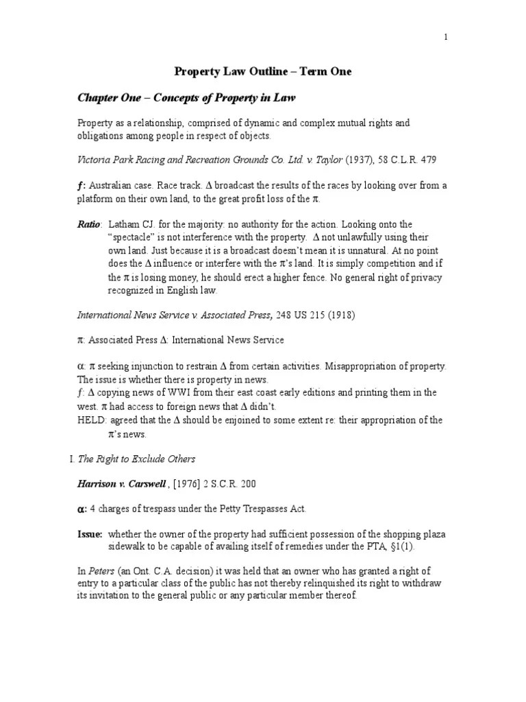 Property Law Outline Term One An Overview of Key Concepts and Cases