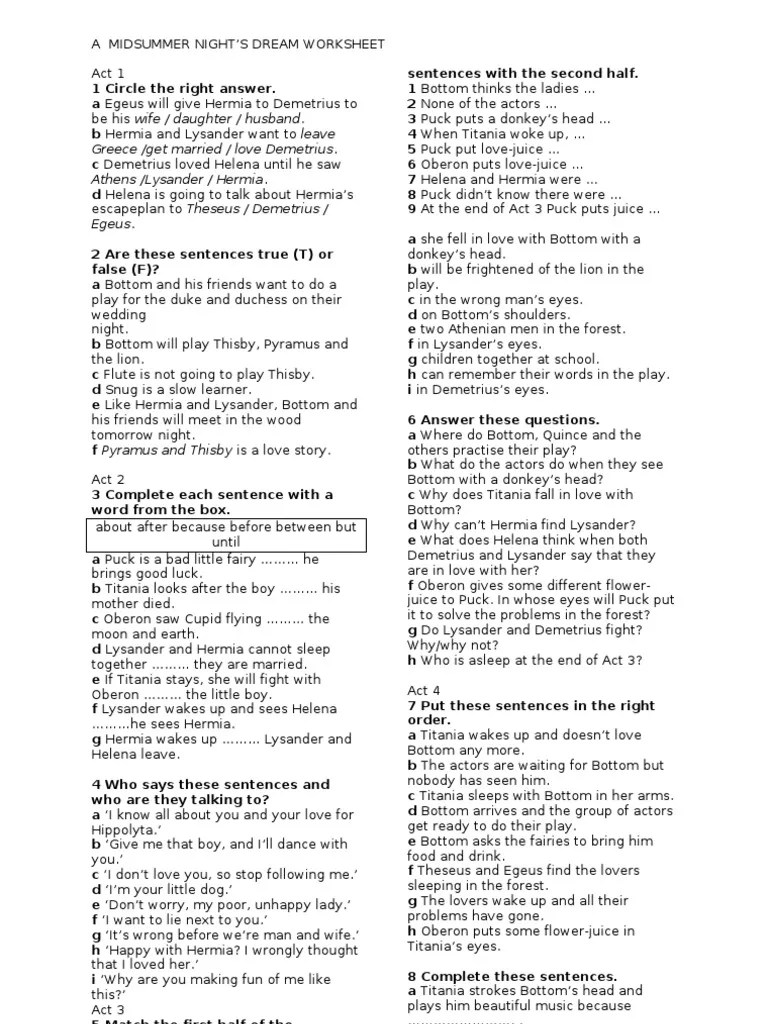 A MIDSUMMER NIGHT’S DREAM WORKSHEET A Midsummer Night's Dream