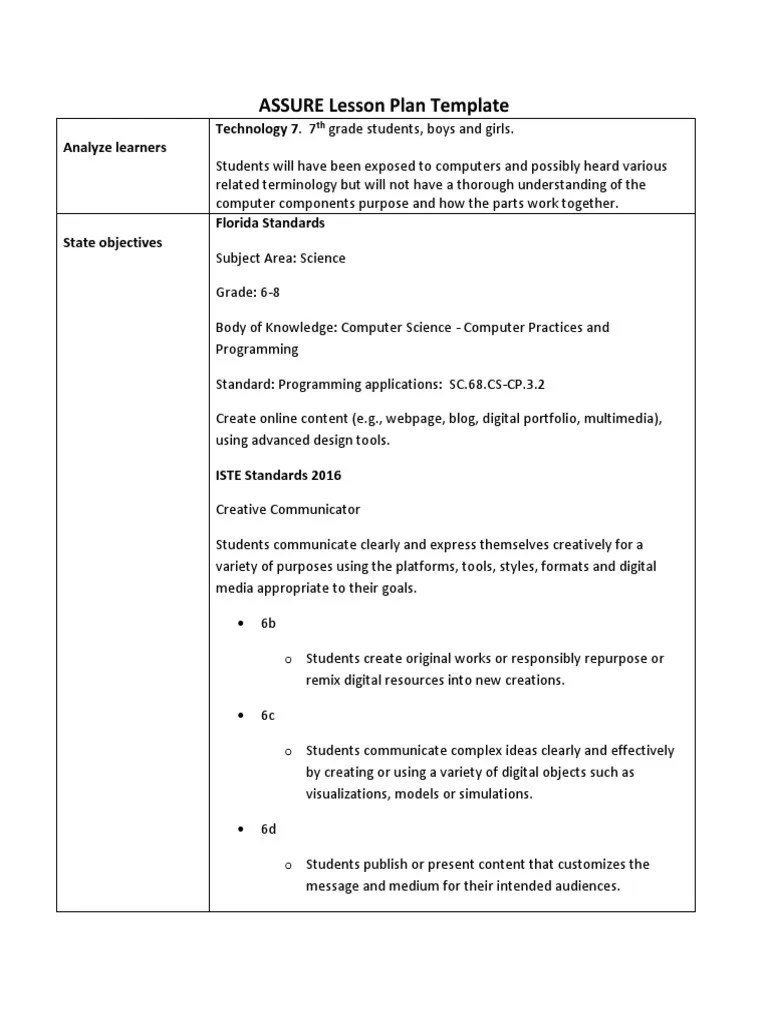 Assure Lesson Plan Template Download Free PDF Lesson Plan Digital Technology