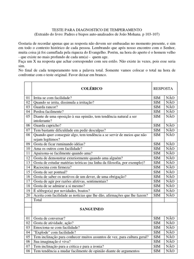 Teste Para Diagnostico de Temperamento Amor