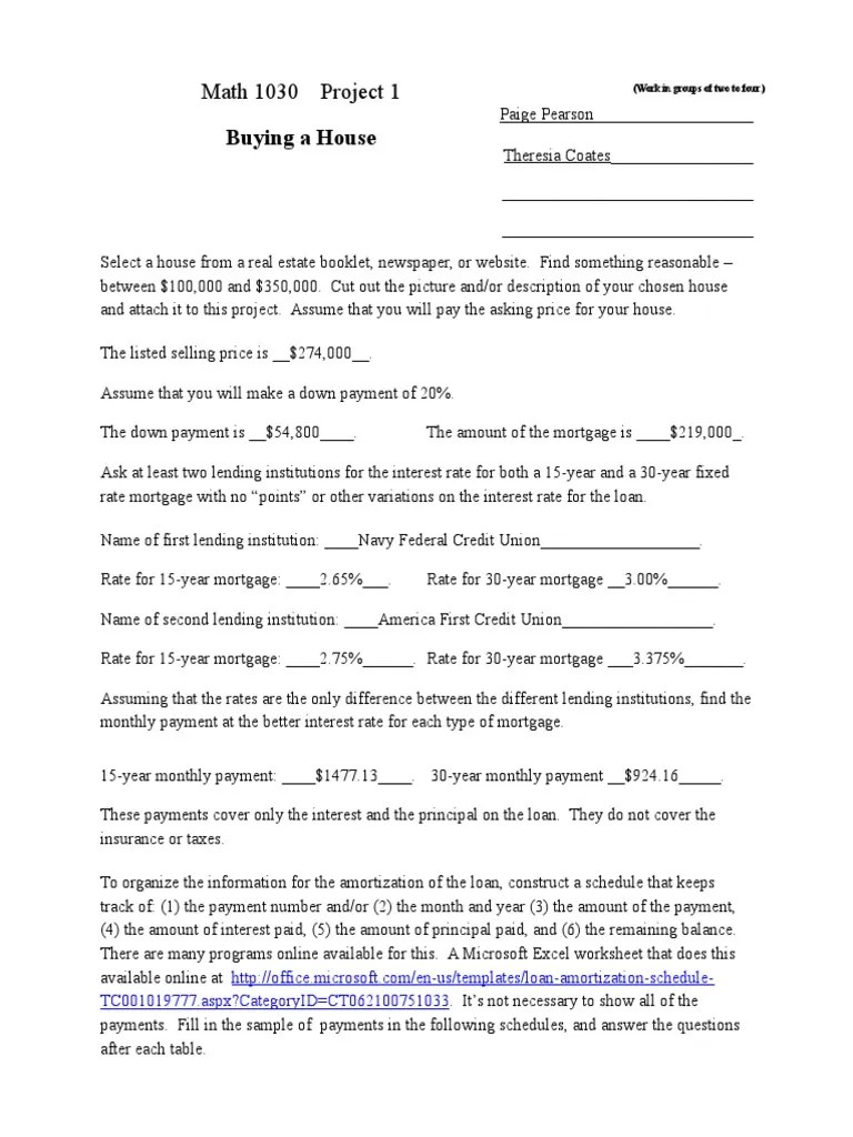 Buying A House Math 1030 Project 1 PDF Mortgage Loan Loans