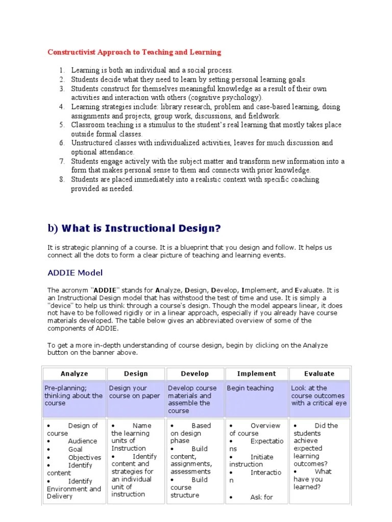 Constructivist Approach to Teaching and Learning Instructional Design