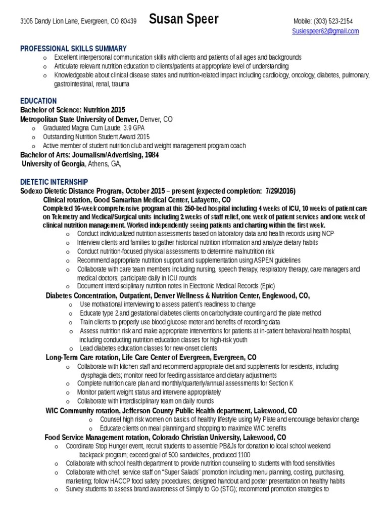susan speer resume Wic Nutrition