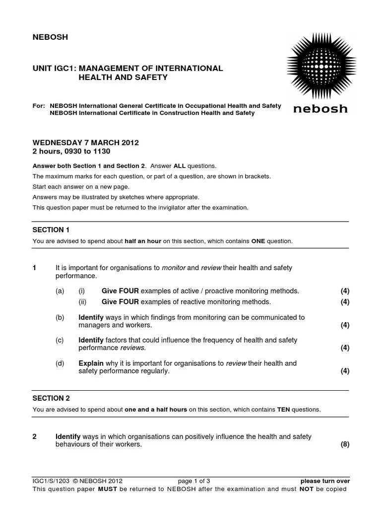 Previous NEBOSH IGC1 exam March 2012 Occupational Health and Safety