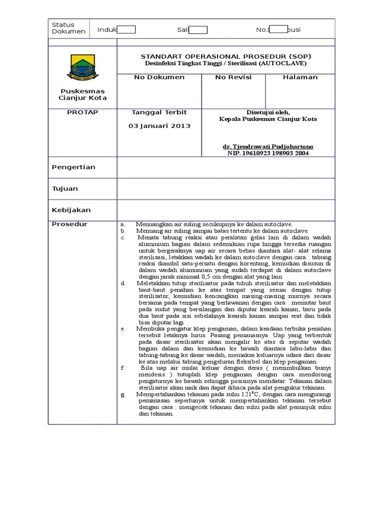 SOP Desinfeksi Tingkat Tinggi Sterilisasi AUTOCLAVE