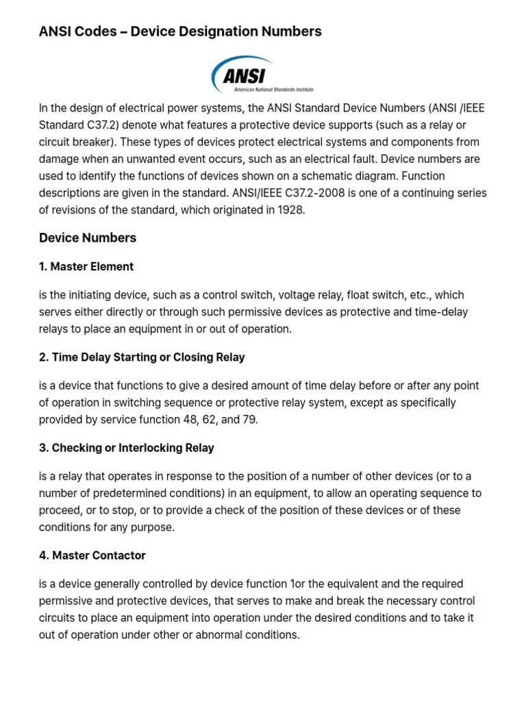 ANSI Codes Device Designation Numbers EEP PDF Relay Switch