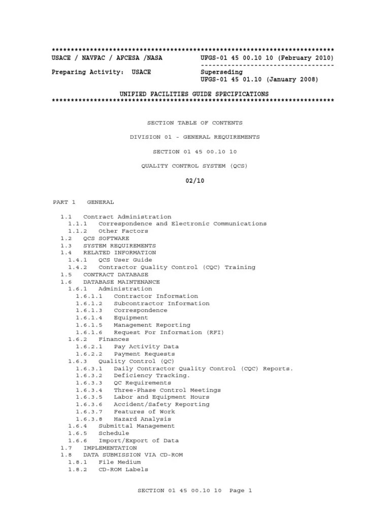 Ufgs 01 45 00.10 20 General Contractor Specification (Technical