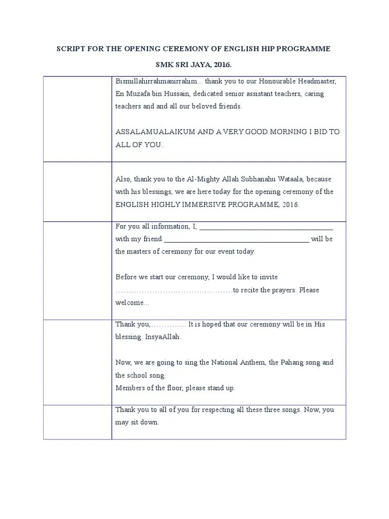 Emcee Script for the Opening Ceremony for the HIP Programme