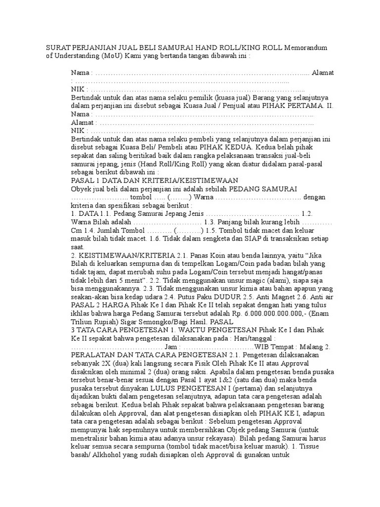 Contoh Surat MOU Jual Beli Samurai
