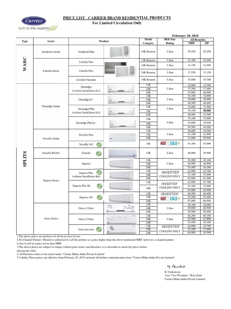 Carrier Air Conditioner Price List 2016 PDF