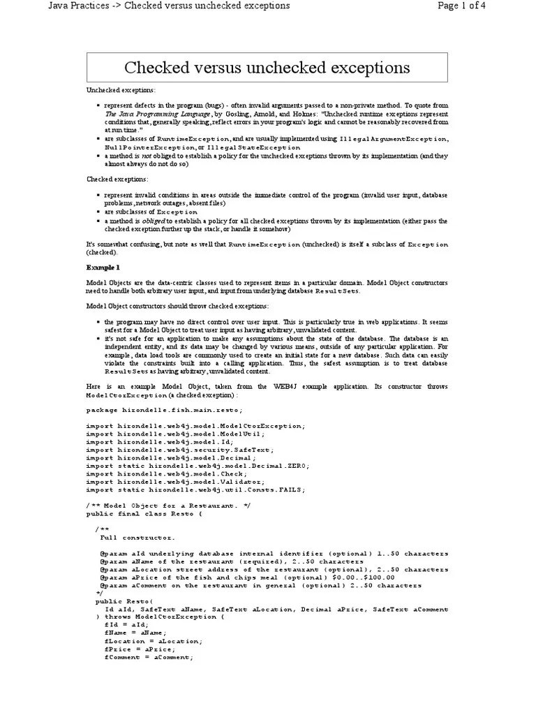 Checked Vs Unchecked Exception PDF Software Bug Java (Programming Language)