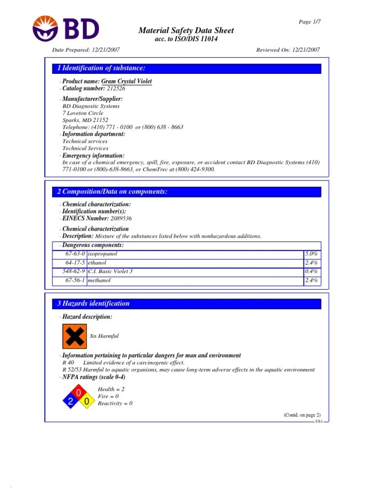 Msds Crystal Violet Toxicity Dangerous Goods