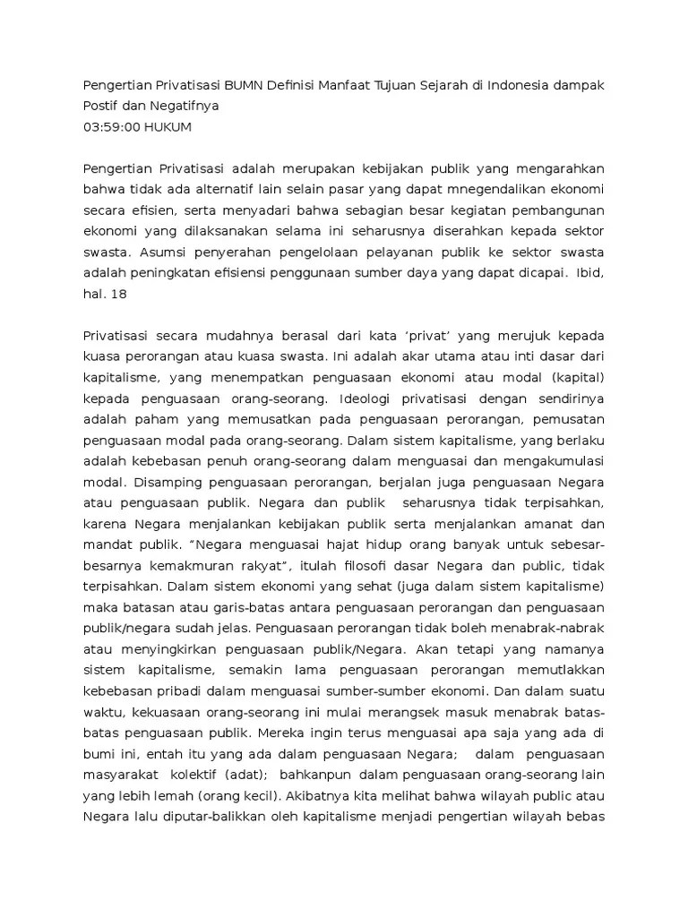 Pengertian Privatisasi BUMN Definisi Manfaat Tujuan Sejarah Di Indonesia  Dampak Postif Dan Negatifnya | PDF