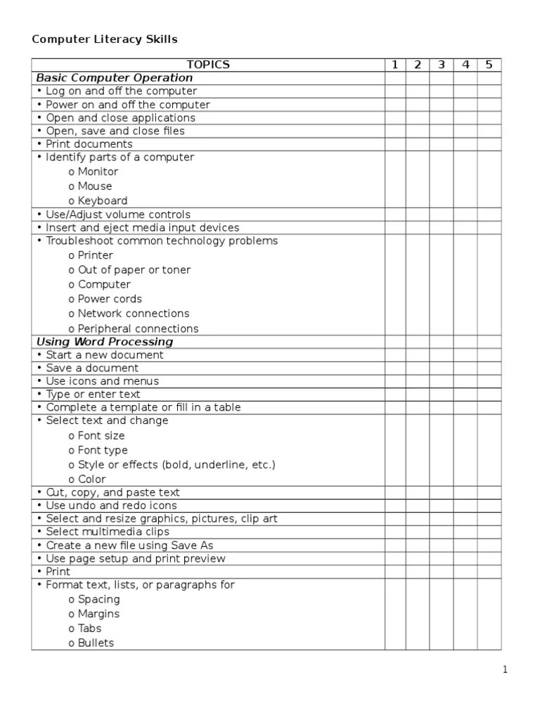 Computer Literacy Skills (Questionnaires) Spreadsheet Computer Keyboard