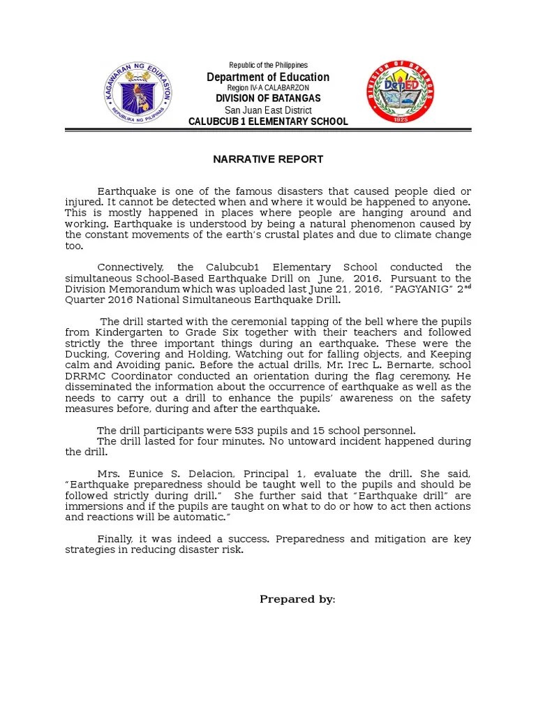 Narrative Report on Earthquake Drill Earthquakes Emergency Management