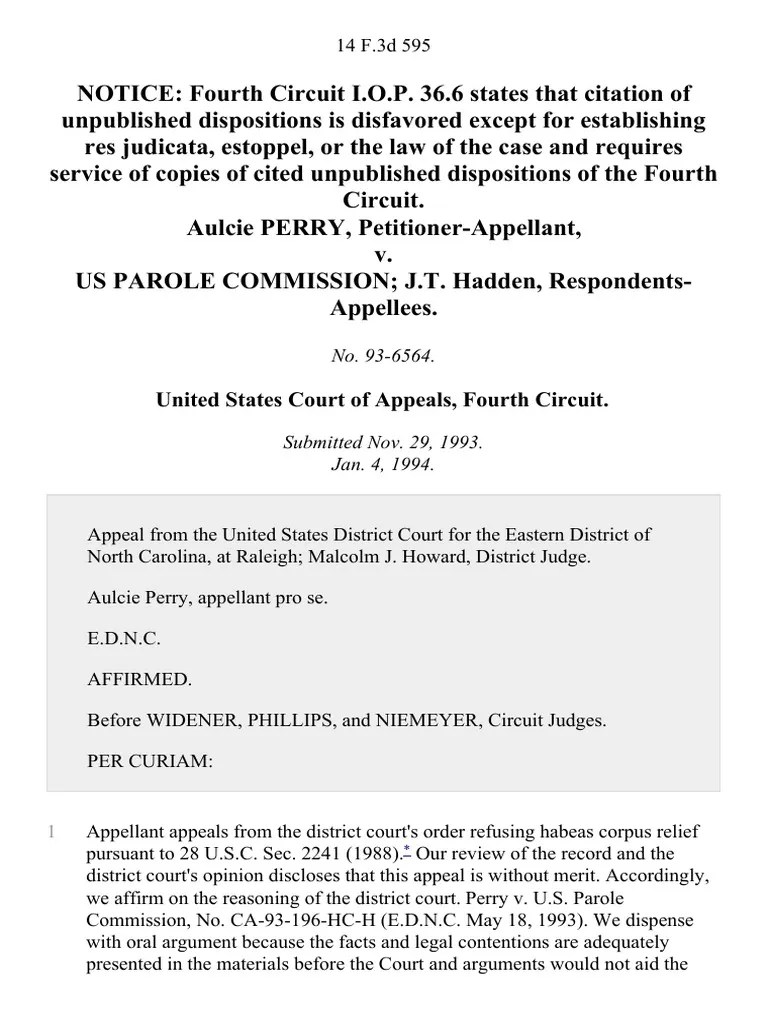 Aulcie Perry v. Us Parole Commission J.T. Hadden, 14 F.3d 595, 4th Cir