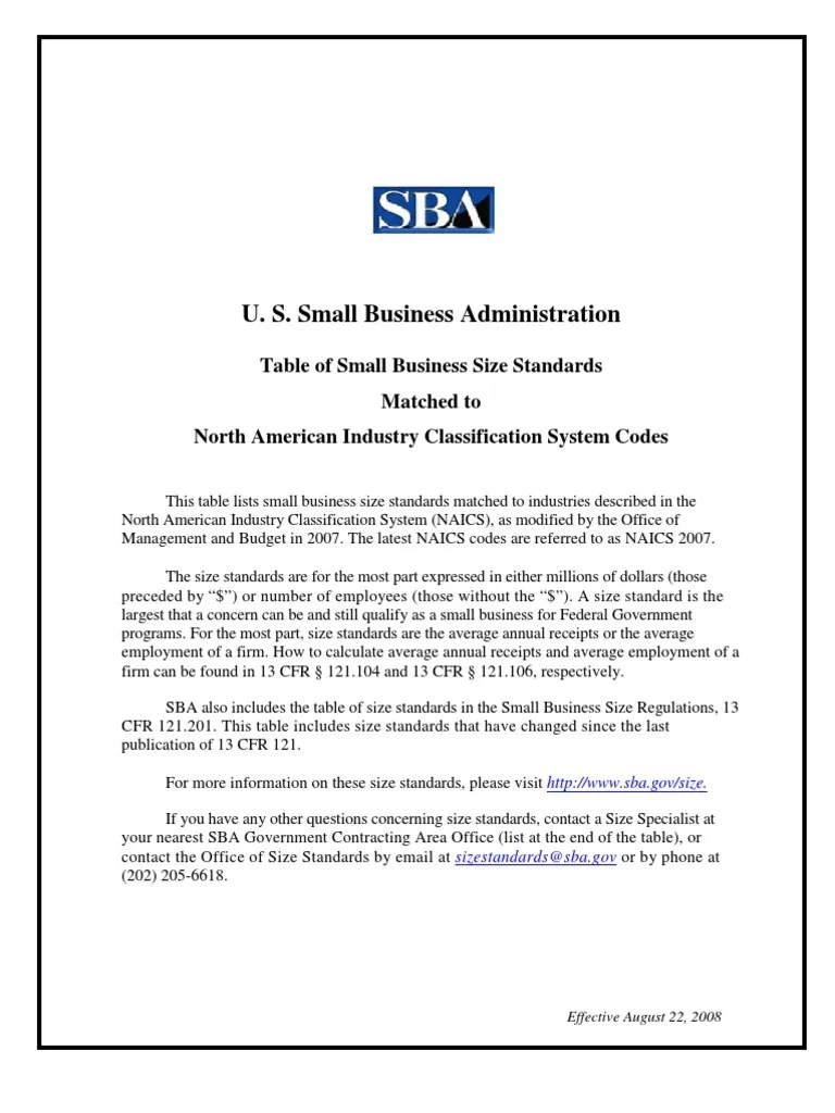 US Small Business Administration Table of Small Business Size Standards