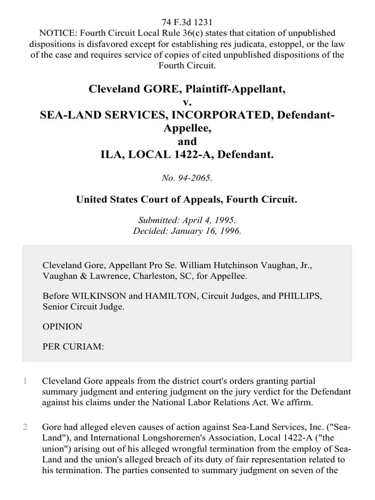 Cleveland Gore v. SeaLand Services, Incorporated, and Ila, Local 1422