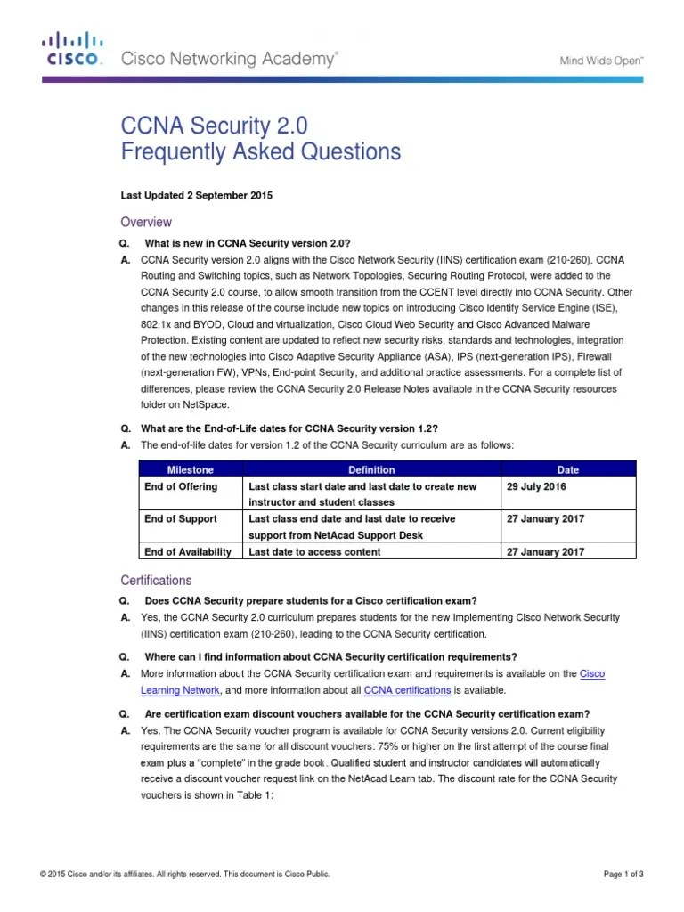 CCNA Security 2.0 FAQ for Certification and Vouchers Cisco