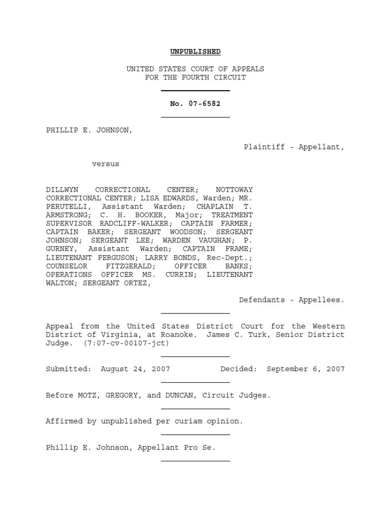 Johnson v. Dillwyn Correctional Center, 4th Cir. (2007) PDF