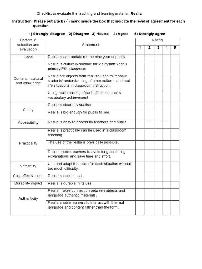 Checklist To Evaluate The Teaching and Learning Material PDF