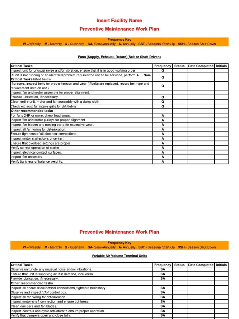 Facility Preventive Maintenance Schedule Template Printable PDF Valve