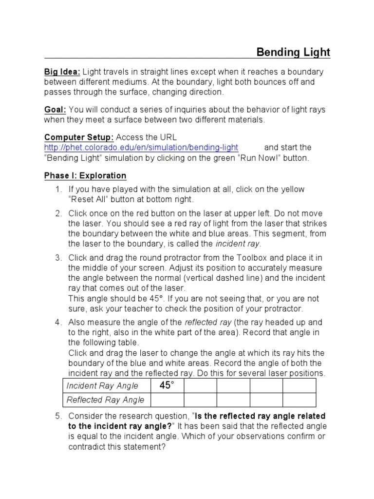 Phet Inquiry Bending Light PDF Refraction Refractive Index